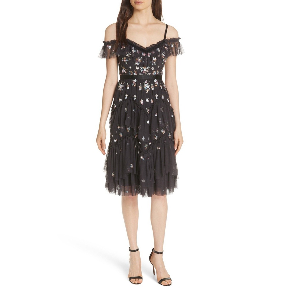 Needle & Thread Lustre Cold Shoulder Dress Beaded Floral Sz 6